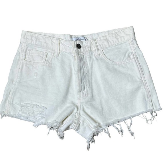 CJLA Carly Jean Los Angeles White Denim Shorts S Distressed Raw Hem Button Fly - Picture 1 of 8